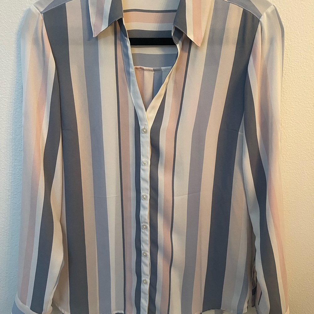 Express Vertical Stripe Button-Up Blouse in Blue, White, and Pink
